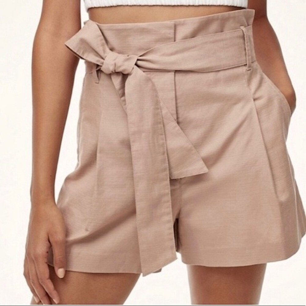 Aritzia Wilfred Marne Cairo Beige High Waisted Tie Front Paperbag Linen Shorts 8